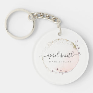 Blush Pink Watercolor Gold Circle Floral Wreath Keychain
