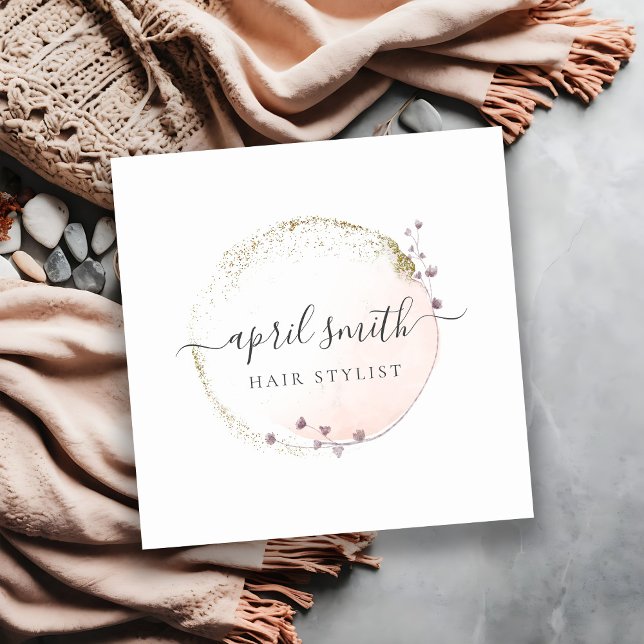 Blush Pink Watercolor Gold Circle Floral Wreath Square Business Card (Creator Uploaded)