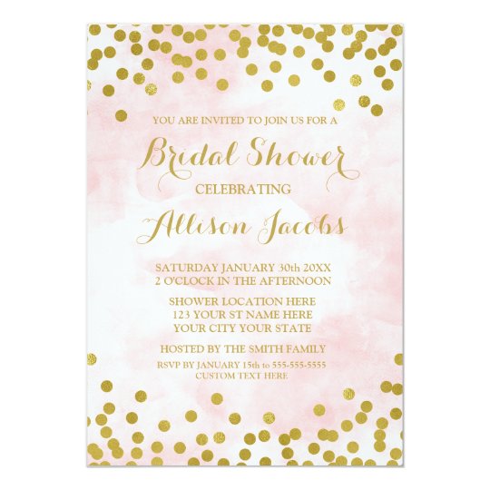 Blush Pink Watercolor Gold Confetti Bridal Shower Card