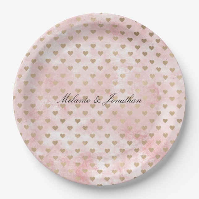 Blush Pink Watercolor Gold Hearts Paper Plate (Front)