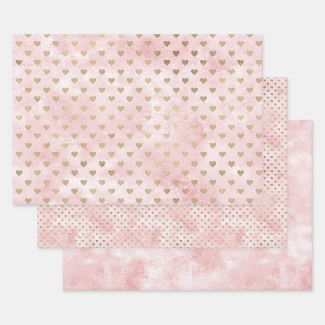 Blush Pink Watercolor Gold Hearts Wrapping Paper Sheet (Set)