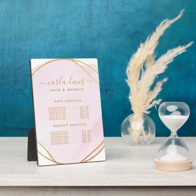 Blush Pink Watercolor Gold Salon Price Menu Plaque (Side)