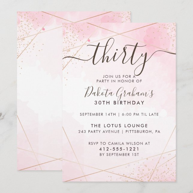 Blush Pink Watercolor Gold Thirty Birthday Party Invitation (Front/Back)