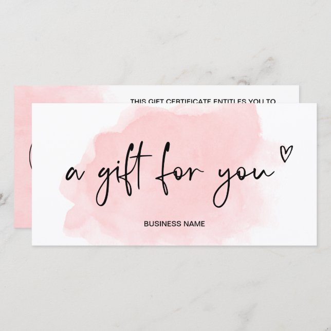 blush pink watercolor heart logo gift certificate (Front/Back)