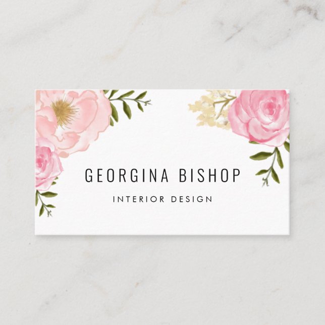 Blush Pink Watercolor Peonies and Roses Floral Business Card (Front)