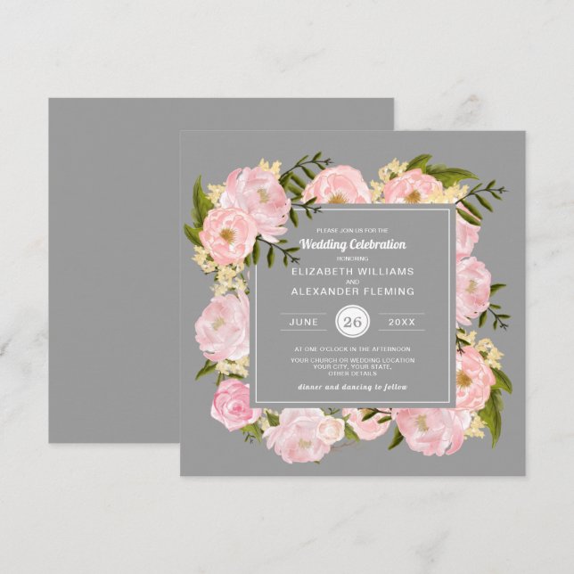 Blush Pink Watercolor Peonies Grey Wedding Invitation (Front/Back)