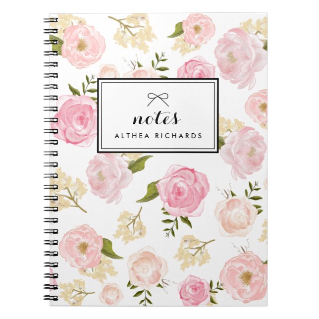 Blush Pink Watercolor Peonies Pattern Personalized Notebook (Front)