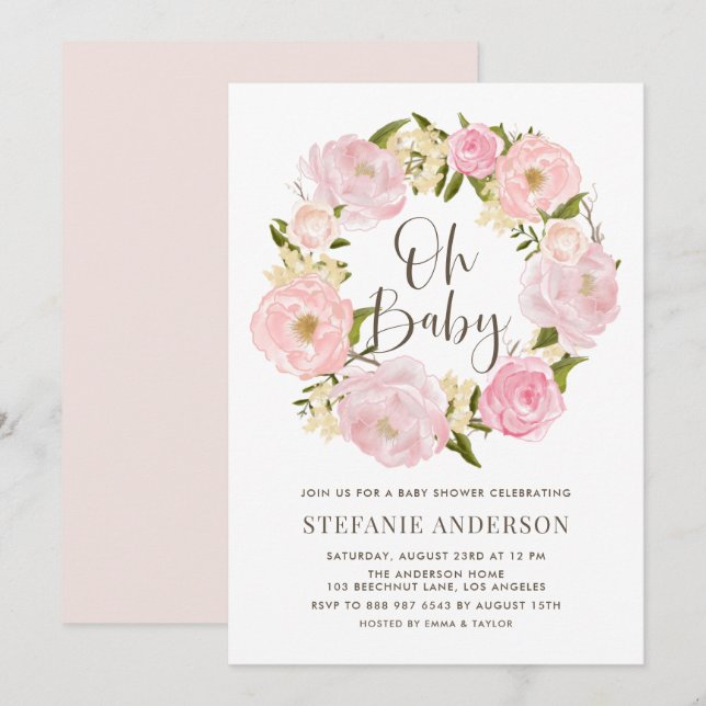 Blush Pink Watercolor Peony Wreath Baby Shower Invitation (Front/Back)