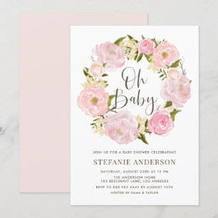 Blush Pink Watercolor Peony Wreath Baby Shower Invitation