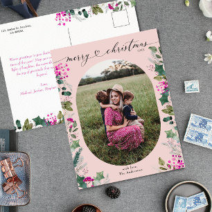 Blush Pink Watercolor Photo Christmas Postcard