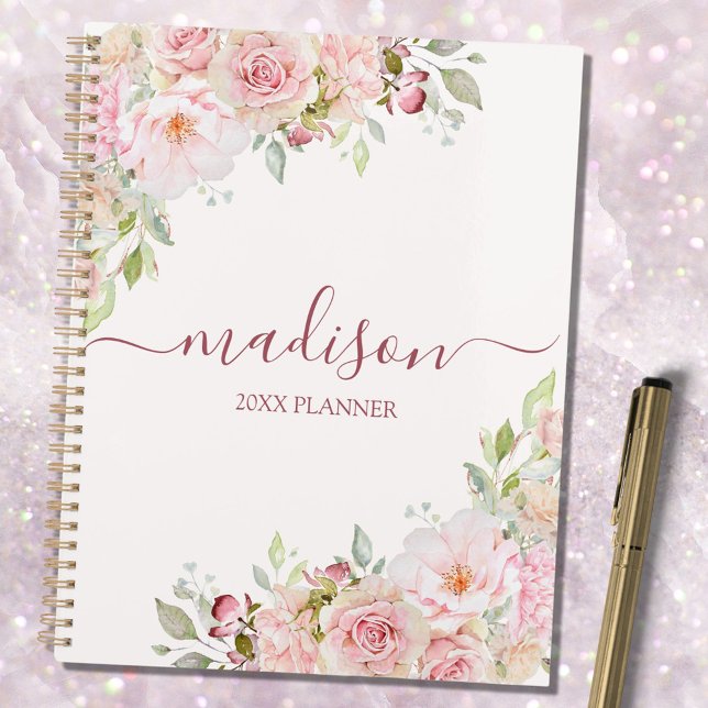 Blush Pink Watercolor Rose Flower Floral Elegant Planner (In situ)