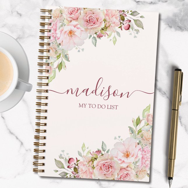 Blush Pink Watercolor Rose Flower Floral Todo List Notebook (In situ)