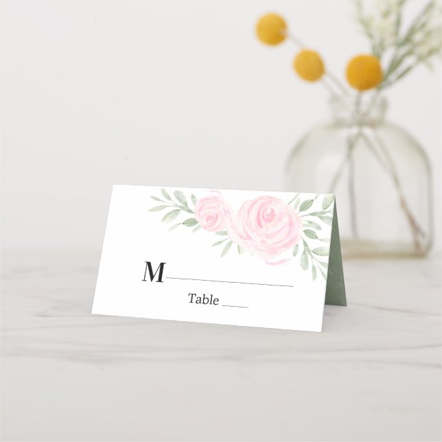 Blush Pink Watercolor Roses Personalized Wedding Place Card (Front)