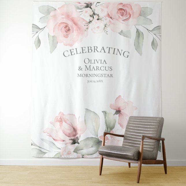 Blush Pink Watercolor Roses Wedding Prop Tapestry (In Situ)