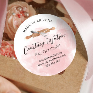 Blush Pink Watercolor Script Bakery Pastry Chef Classic Round Sticker