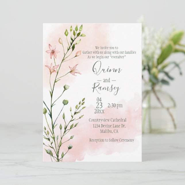 Blush Pink Watercolor Script Wedding Invitation (Standing Front)