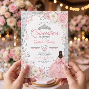 Blush Pink  Watercolor Silver Quinceañera  Invitation