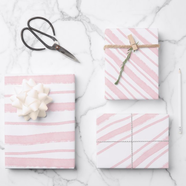 Blush Pink Watercolor Striped Pattern Wrapping Paper Sheet (Front)