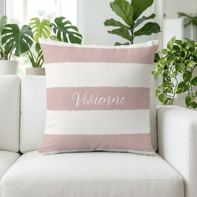 Blush Pink Watercolor Stripes Monogram Name Throw Pillow (Blush Pink Watercolor Stripes Monogram Name Throw Pillow)