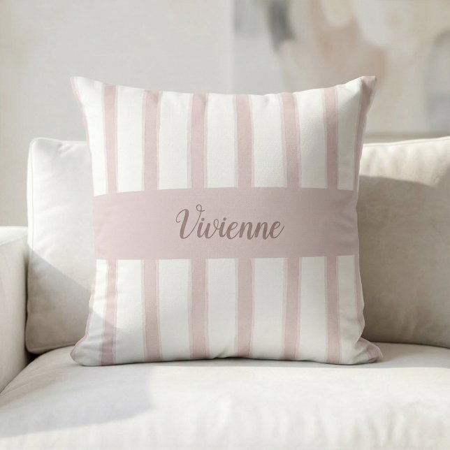 Blush Pink Watercolor Stripes Monogram Name Throw Pillow (Blush Pink Watercolor Stripes Monogram Name Throw Pillow)