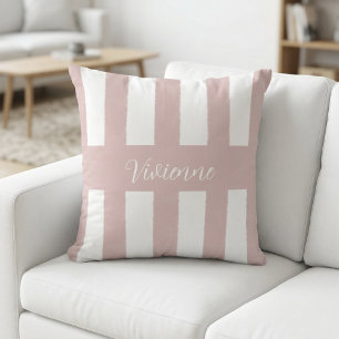 Blush Pink Watercolor Stripes Monogram Name Throw Pillow