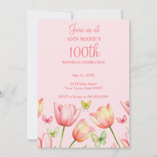 Blush Pink Watercolor Tulips 100th Birthday Party  Invitation