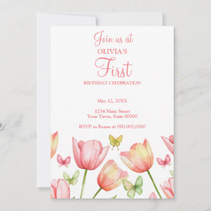 Blush Pink Watercolor Tulips 1st Birthday Party  Invitation