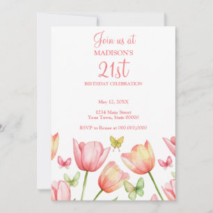 Blush Pink Watercolor Tulips 21st Birthday Party Invitation