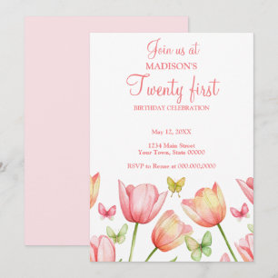 Blush Pink Watercolor Tulips 21st Birthday Party Invitation