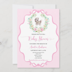 Blush Pink Watercolor Vintage Pram Floral Wreath Invitation
