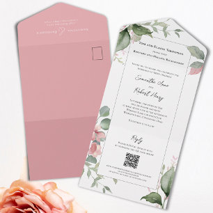 Blush Pink Watercolor Wedding Floral All In One Invitation