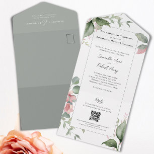 Blush Pink Watercolor Wedding Floral All In One Invitation