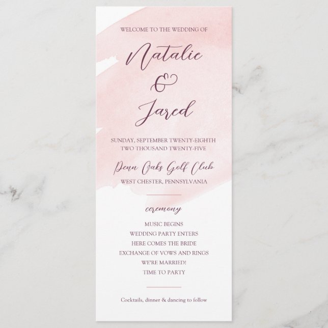 Blush Pink Watercolor Wedding Program (Front)