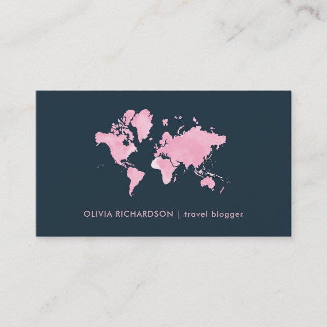 Blush Pink Watercolor World Map on Navy Blue Business Card (Front)