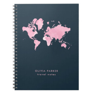 Blush Pink Watercolor World Map on Navy Blue Notebook