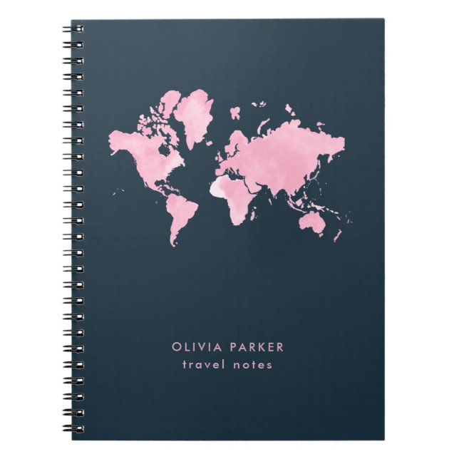 Blush Pink Watercolor World Map on Navy Blue Notebook (Front)
