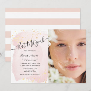 Blush Pink Watercolor x Gold Photo Bat Mitzvah Invitation