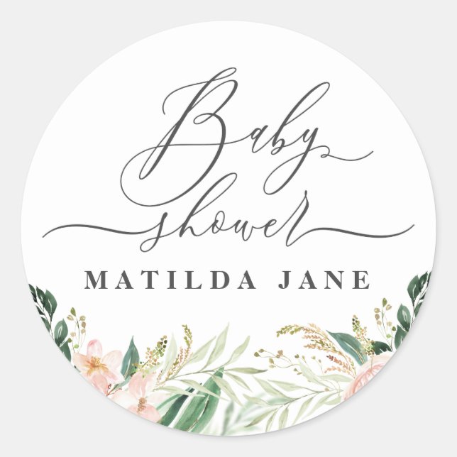 Blush pink watercolour floral baby shower classic round sticker (Front)