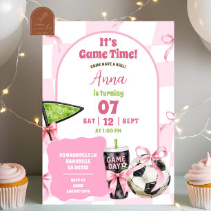 Blush Pink Wavy Retro Bow Soccer Birthday Invitation