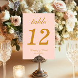 Blush Pink Wedding Gold Script Calligraphy Simple Table Number<br><div class="desc">A simple wedding table number for a blush and gold wedding colour scheme. It is just golden text on a blush  pink background. Everything except the number itself is written in an elegant calligraphic script.

A mockup image by Freepik was used for making the cover photo.</div>