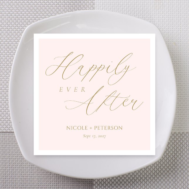 Blush Pink Wedding Keepsake: Happily Ever After Napkin (Blush pink Happily Ever After napkins with gold flourish calligraphy on white plate)