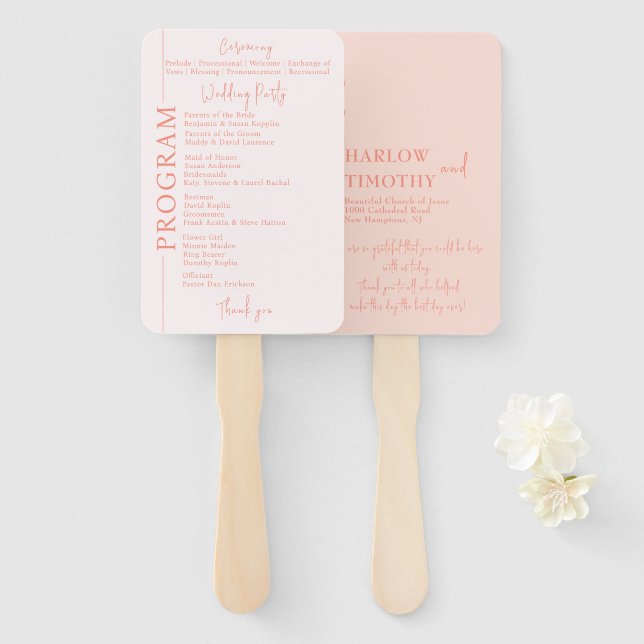 Blush Pink Wedding Program Hand Fan (Front and Back)