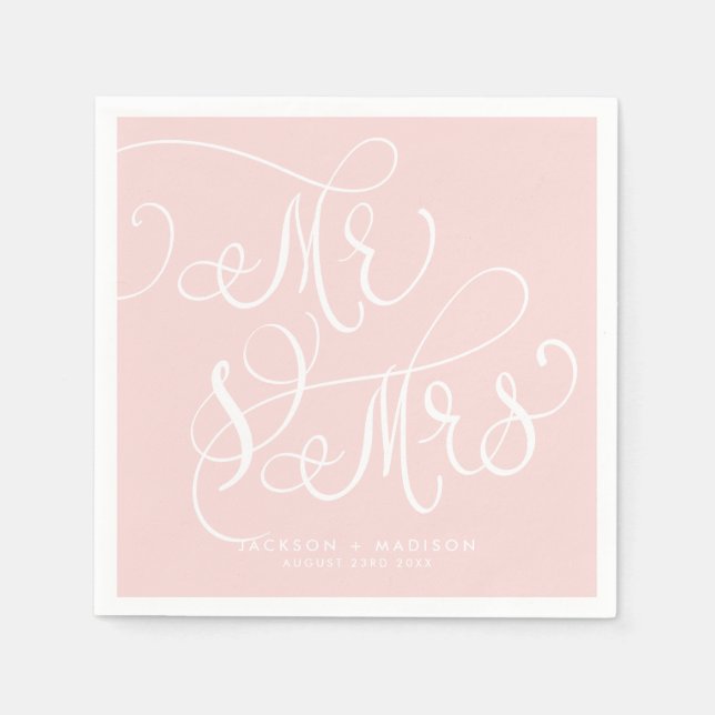 Blush Pink Whimsical Script | Mr and Mrs Wedding Napkin (Front)