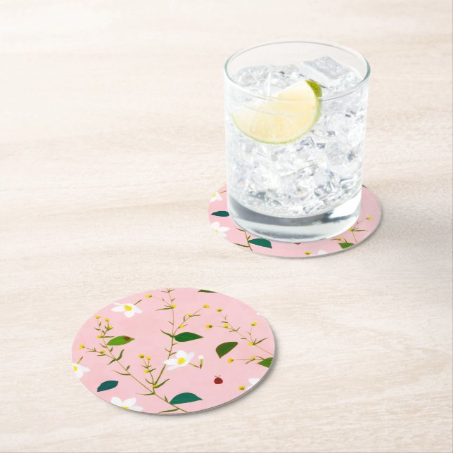 Blush Pink Whimsical Spring Flowers Blossom Round Paper Coaster (Insitu)