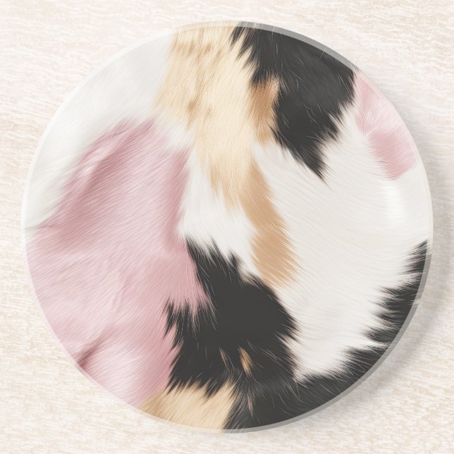 Blush Pink White Black Cowhide Animal Coaster (Front)