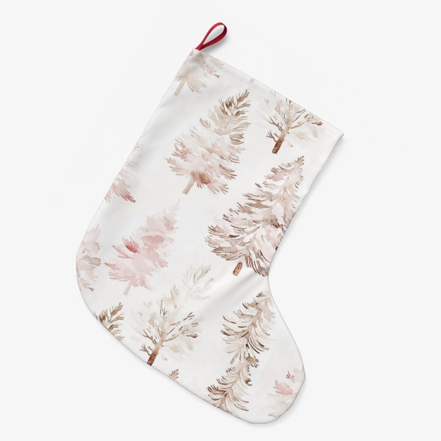 Blush pink white Christmas trees Large Christmas Stocking (Front (Hanging))