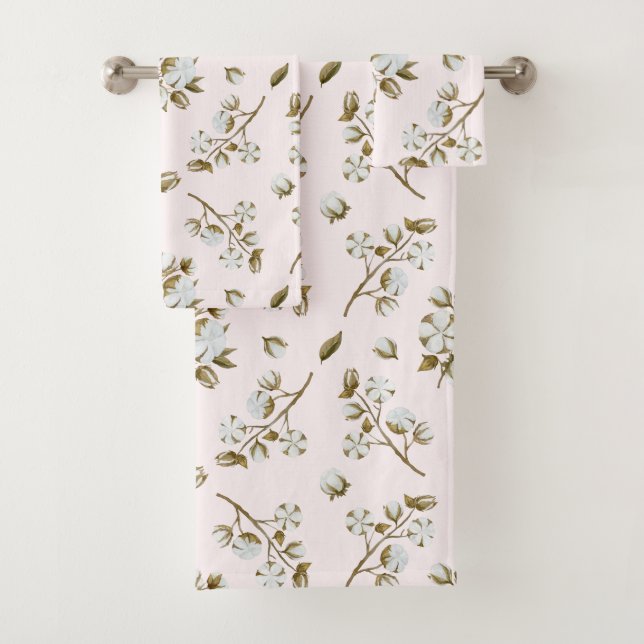 Blush Pink White Cotton Boll Stem Watercolour Bath Towel Set (Insitu)
