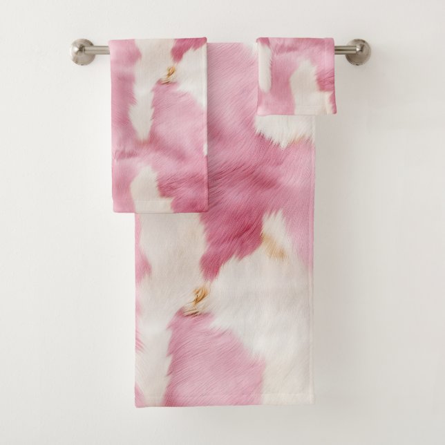 Blush Pink White Cowhide Animal Bath Towel Set (Insitu)