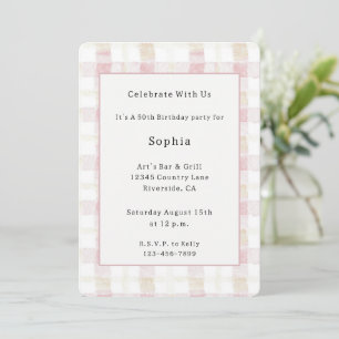 Blush Pink White Cream Plaid Stripes Birthday Invitation