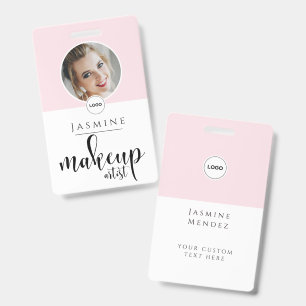 Blush Pink White Elegant Photo Makeup Artist ID Badge